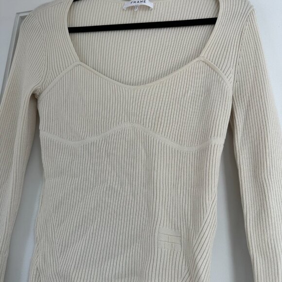 Frame Long Sleeve Top Rib Knit Fitted Scooped Square Neckline Size Small In Bone - Picture 6 of 10